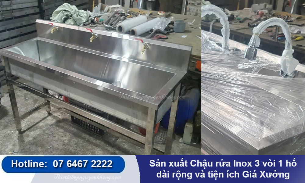 Chậu rửa Inox 3 vòi 1 hố dài rộng và tiện ích